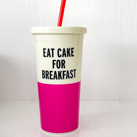 Kate Spade New York Tumbler w/Lid & Straw - Eat Cake For Breakfast - Pink NEW - Picture 3 of 9